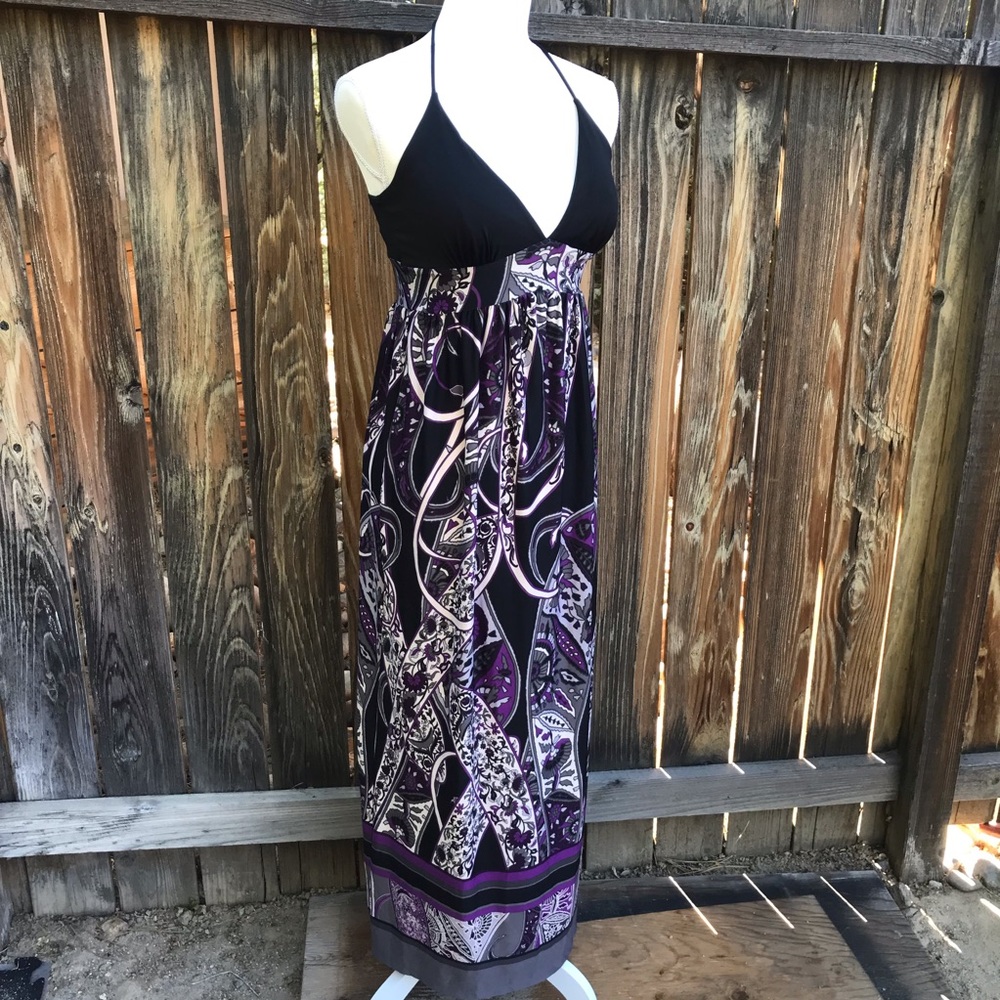 Black & Purple Boho Print Halter Maxi Dress